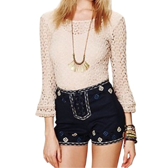 Free People Pants - Free People Linen Embroidered Shorts 4 Lace Up Festival Bohemian 70s Coachella
